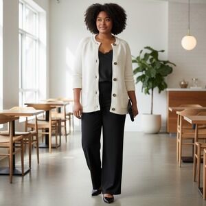 Ivory Cream Button Front Knit Pockets Cotton Cardigan Preppy Cottagecore XL‎